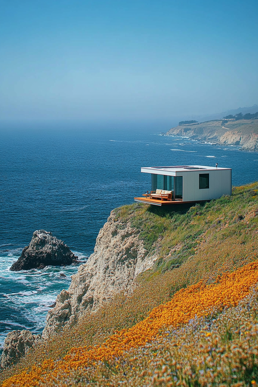 Wide angle view. sleek tiny home, built-in seating, perched on clifftop, panoramic ocean view.