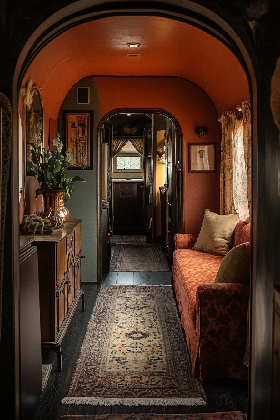 Wide angle mobile home image. Dark interior, arched doorways, sophisticated furnishing with terra cotta accents.