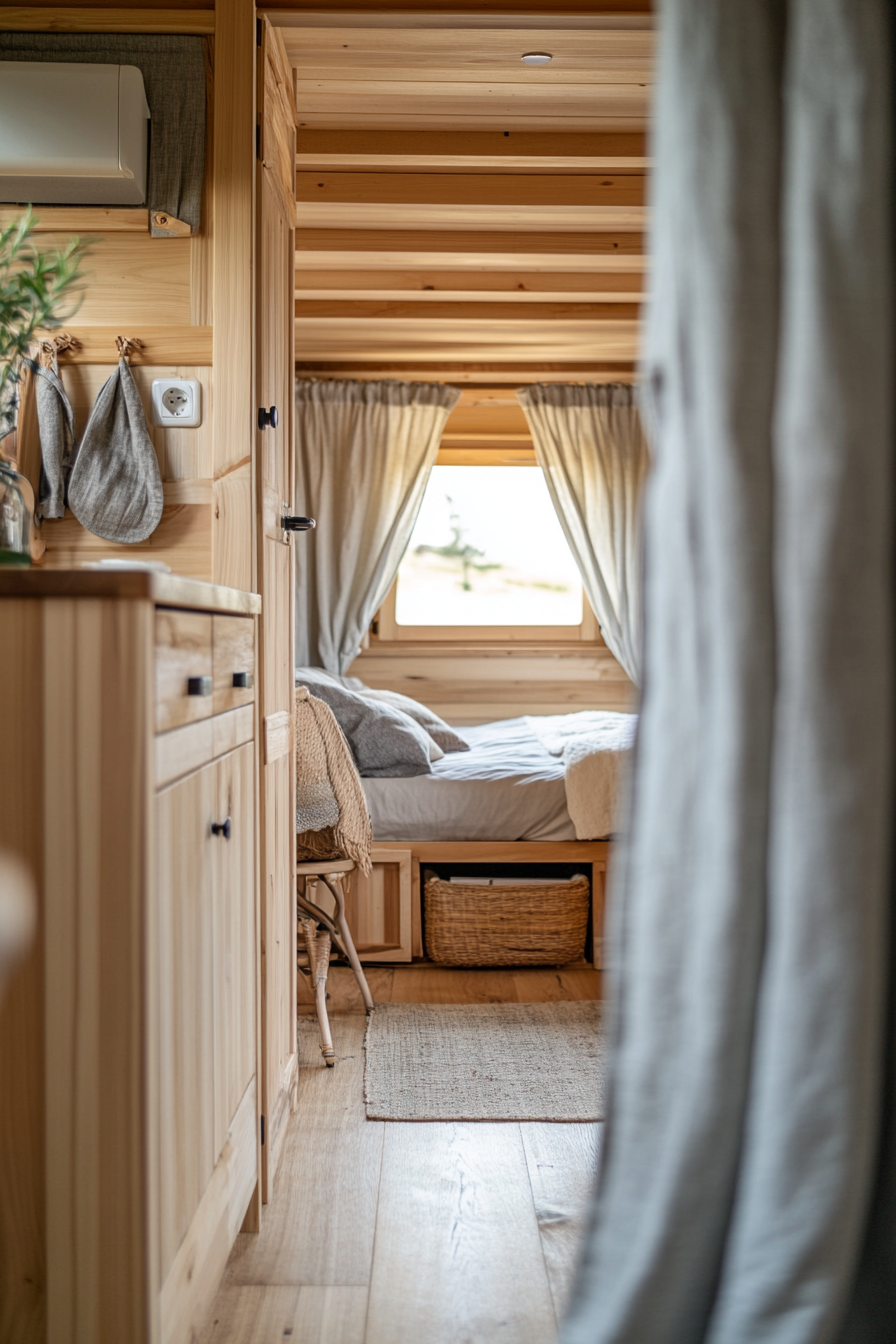 Natural mobile home view. Light oak wagon, organic cotton curtains in foreground. Wide angle.