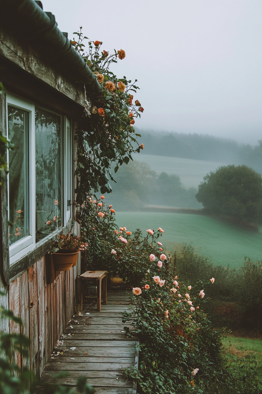 Wide-angle view, tiny house deck. Flower-filled, climbing roses. Rolling English countryside. Morning fog.