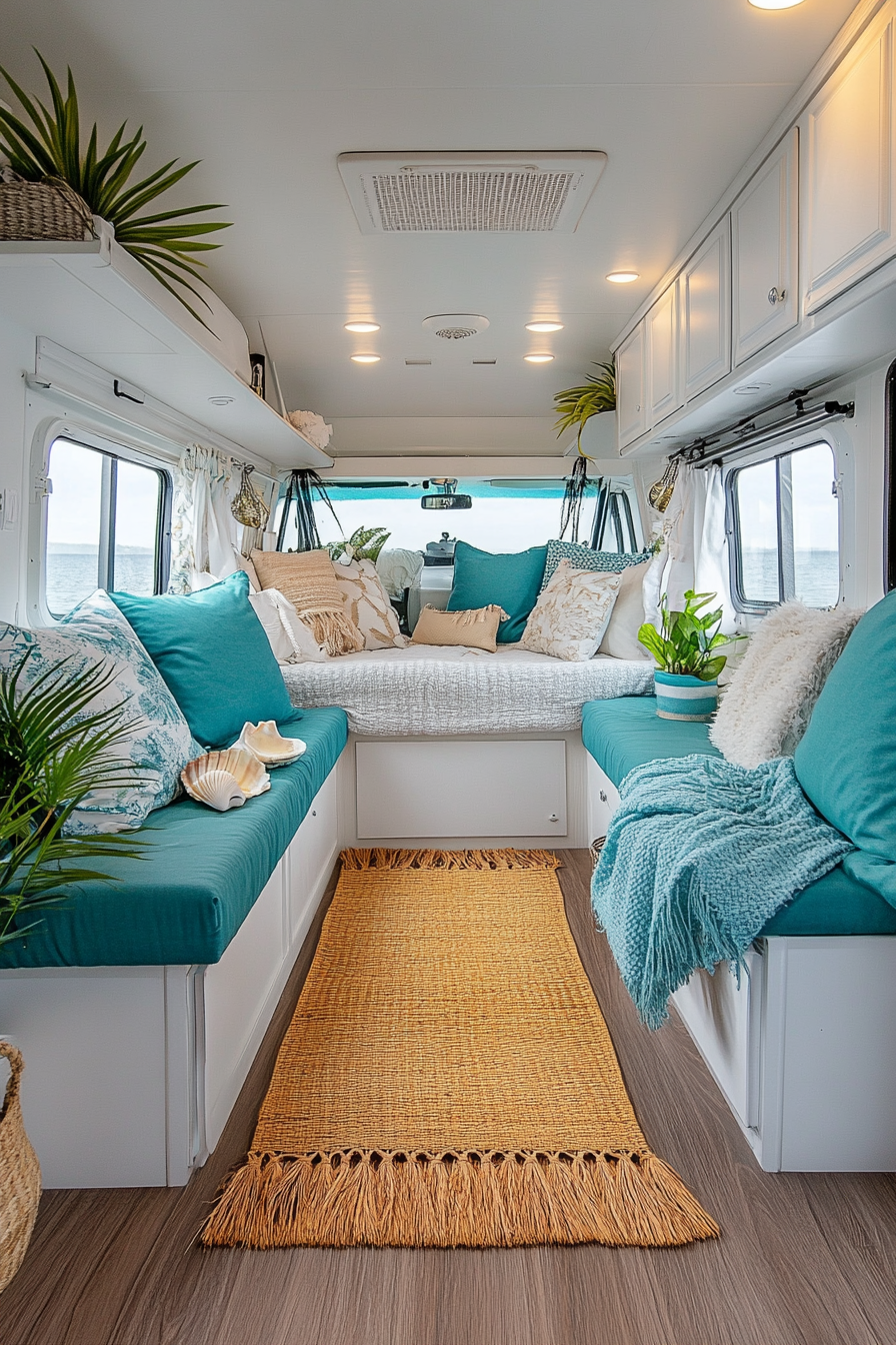 Wide angle view. Coastal-inspired RV, featuring bamboo mat, scallop shells, turquoise throw cushions.