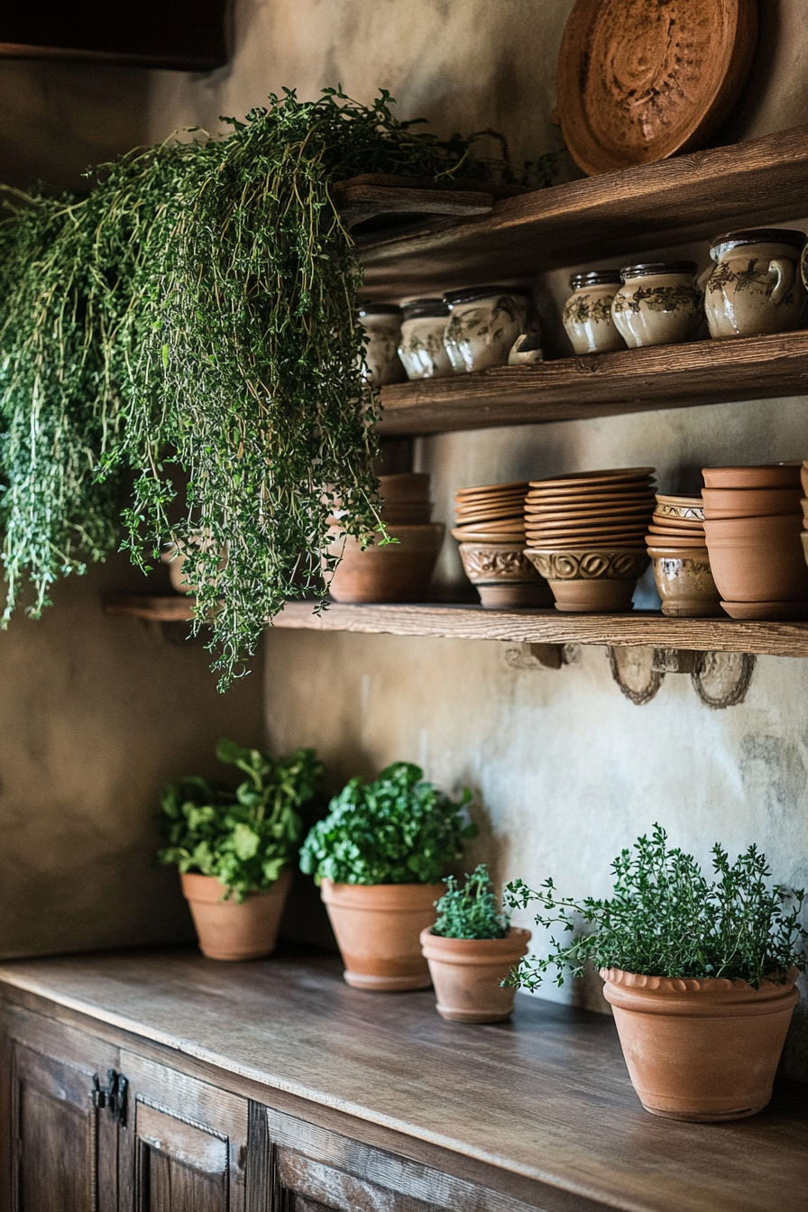 Provincial kitchen. Hanging thyme bunches, terracotta pots on walnut shelves.