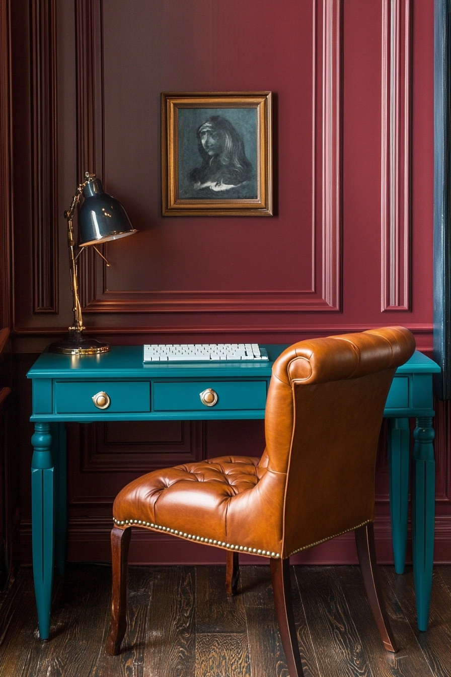 Professional mobile workspace. Painted teal desk against rich mahogany wall and vintage leather chair.