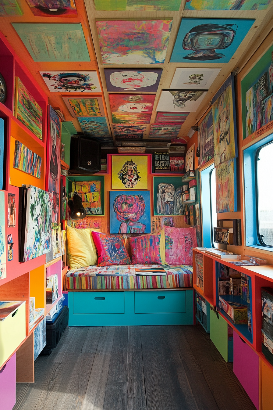 Wide angle view. Mobile studio with multicolored cubby hole storage and walls displaying artwork.