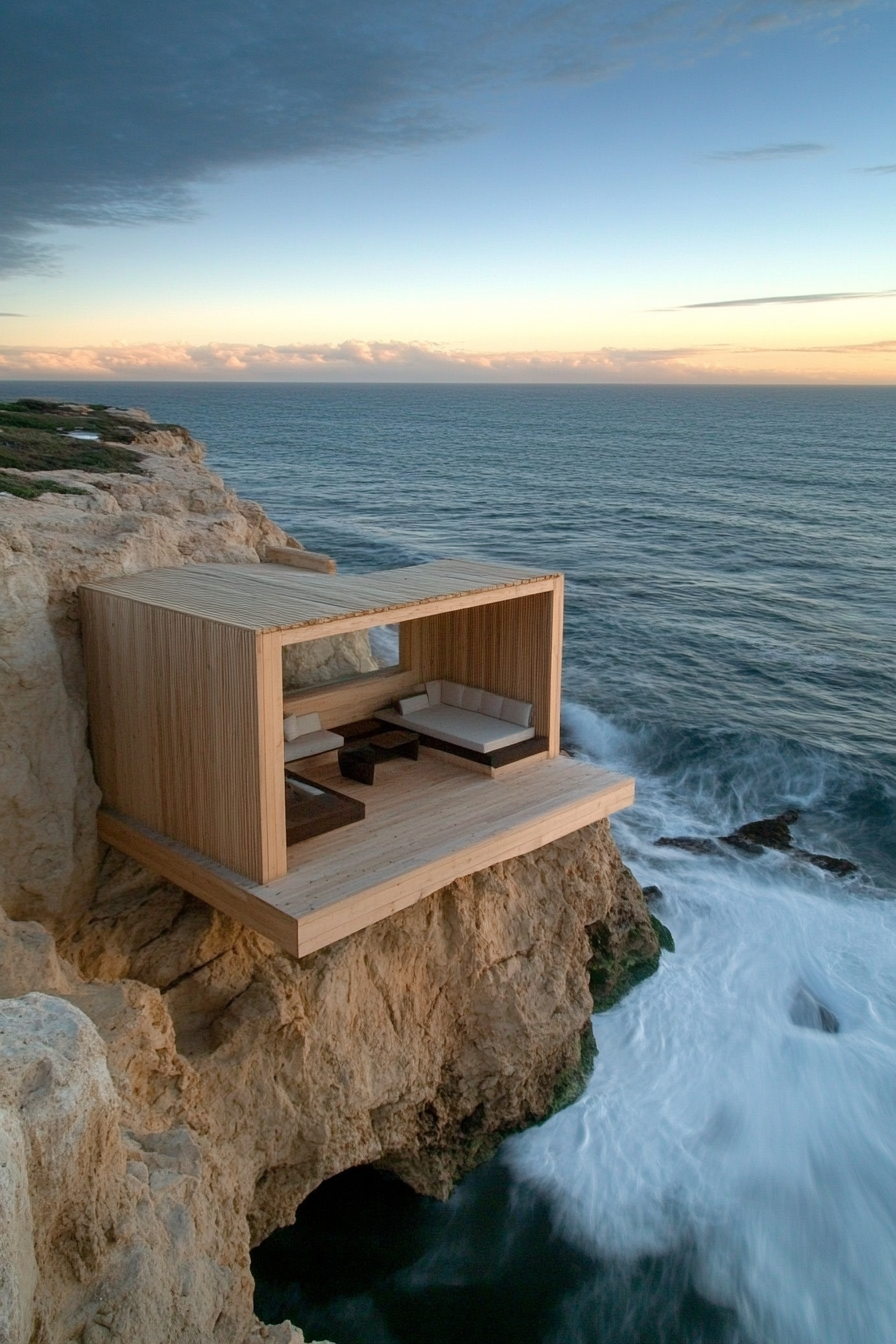 Wide-angle tiny home. Clifftop platform, built-in seating, sweeping ocean scene.