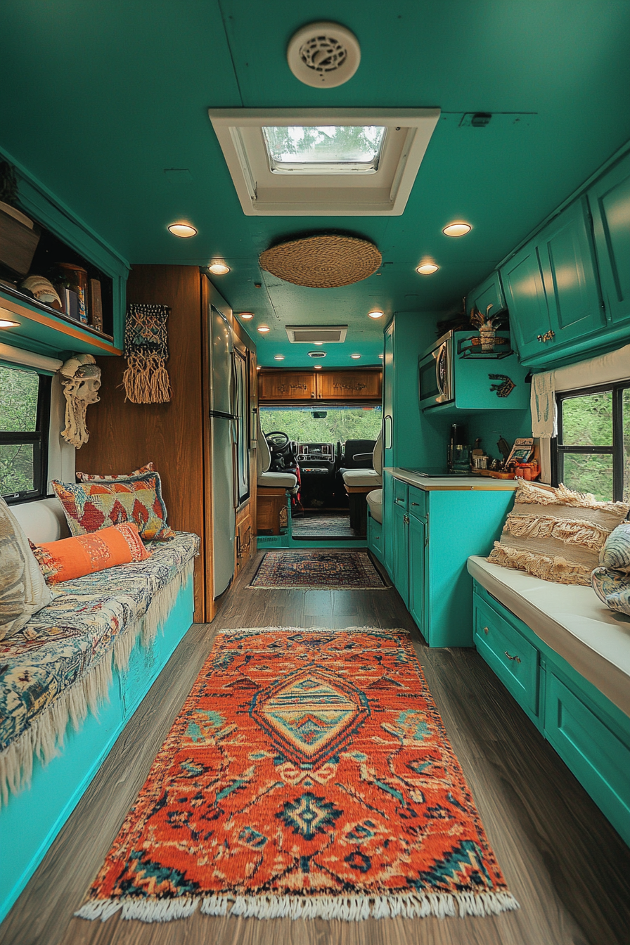 Wide angle view of RV. Turquoise exterior, natural fiber rugs, shell displays.