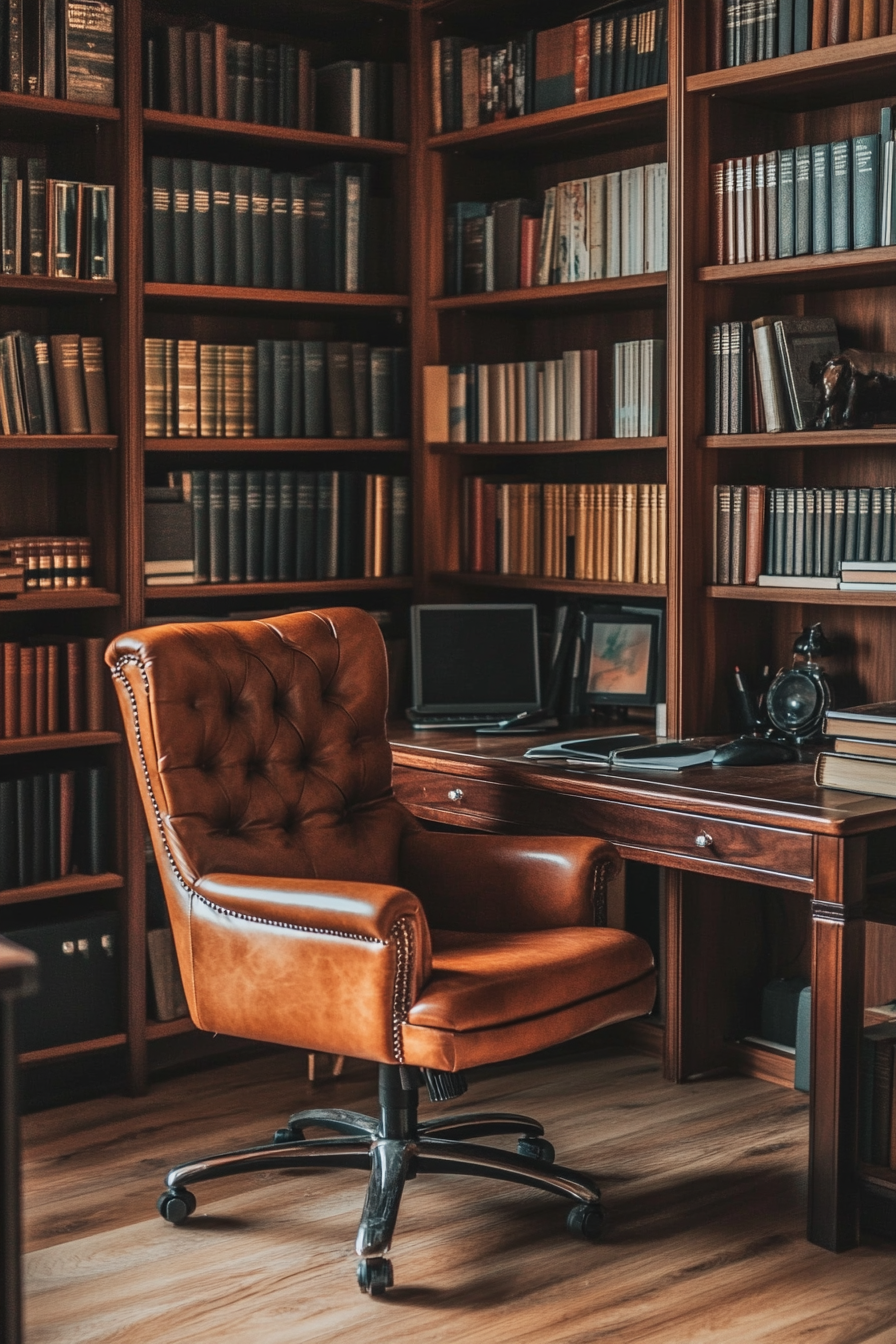 Wide angle view of upscale mobile workspace. Leather desk chair near walnut bookshelf.