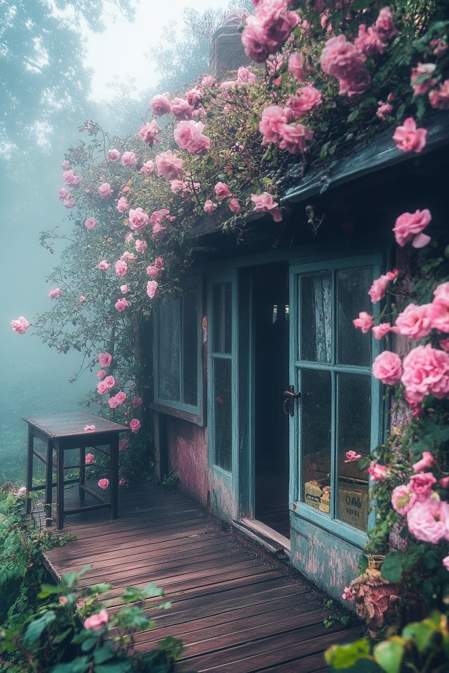 English countryside. Wide-angle foggy morning view of tiny house deck encrusted with pink climbing roses.