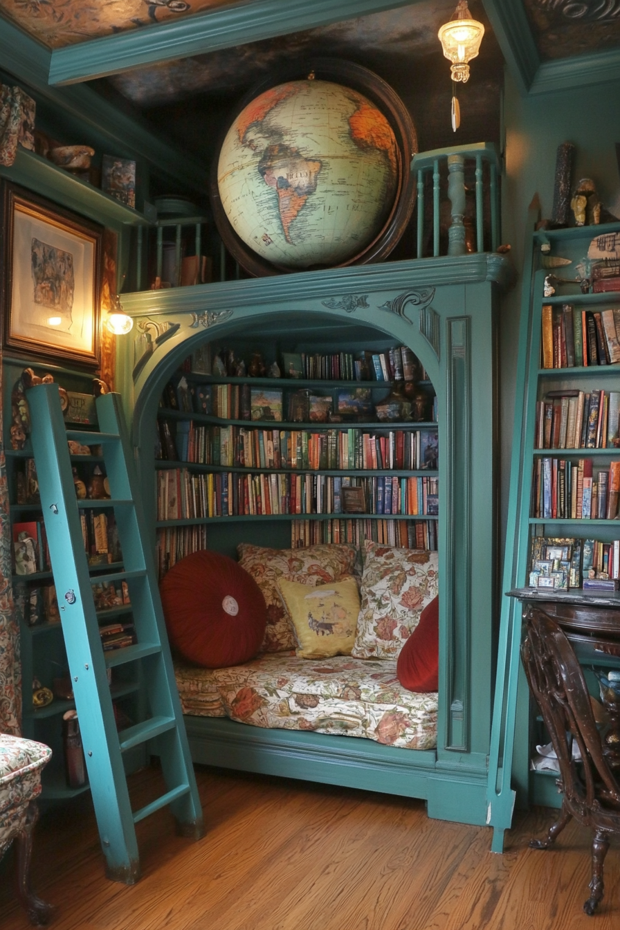 Wide angle view. Storybook-inspired mobile library, antique globe detail, teal ladder and cosy reading nook.