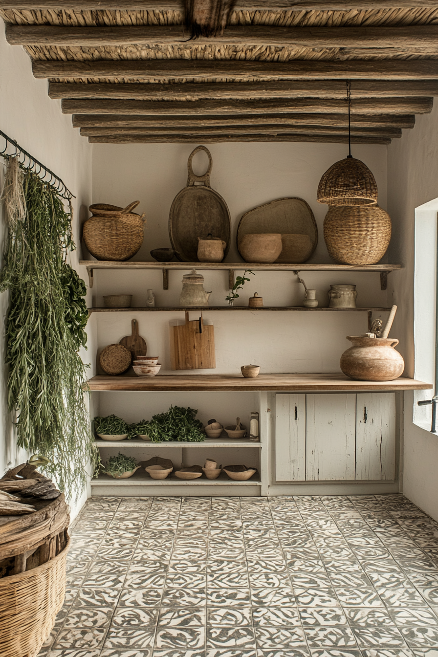 Provincial cooking space. Wide angle view, displayed herbs drying, assorted pottery collections.