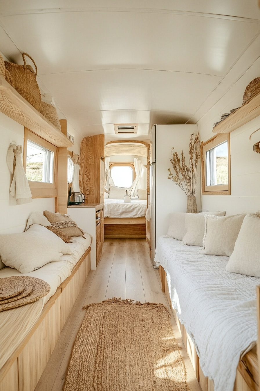 Wide angle view. Natural mobile home, light wood accents, organic linen furnishings.