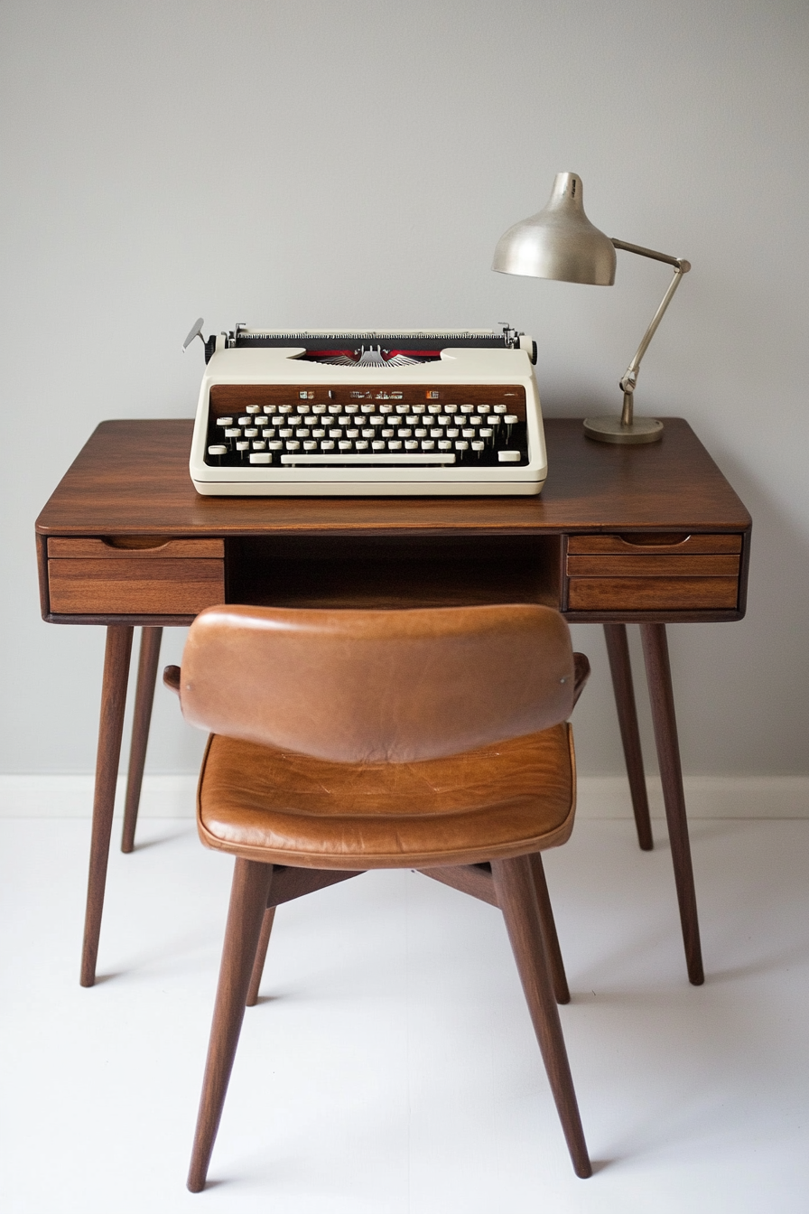 Professional mobile workspace. Mid-century walnut desk with vintage typewriter and leather swivel chair.