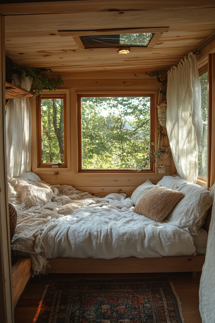 Natural tiny house bedroom. Raw wood finishes, organic linen bedding, wide window screens.