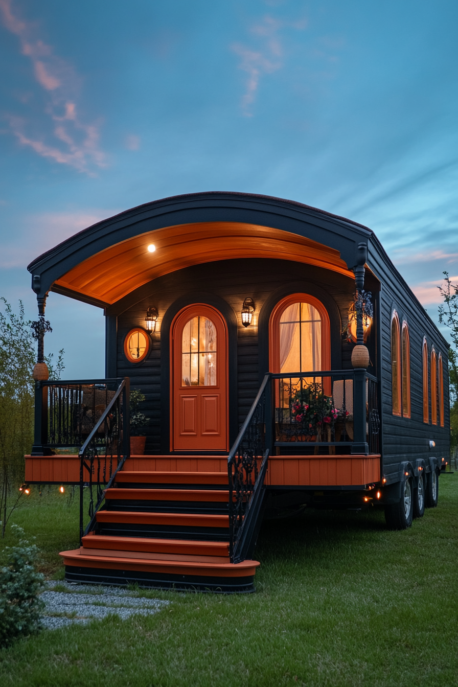 Wide angle view of mobile home. Dark color palette, arched details, terra cotta accents.