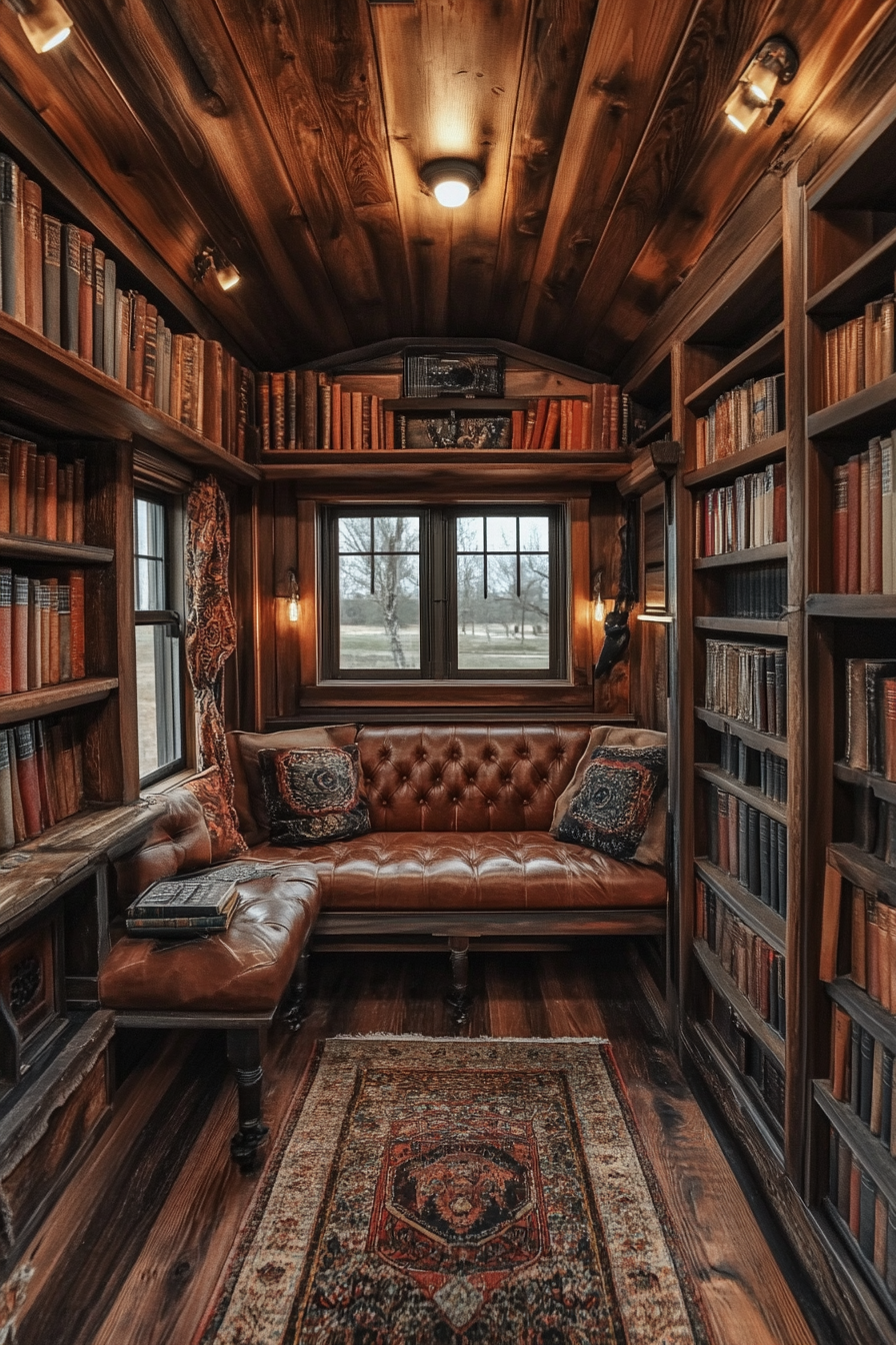 Wide angle view. Dark academia tiny house library with mahogany bookcases and leather-bound books.