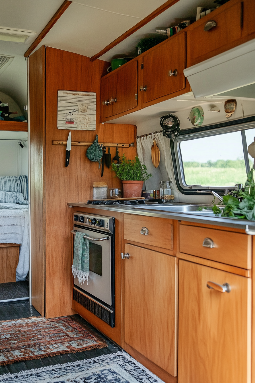 Wide-angle view. Teak cabinets in a classic camper kitchen with retro chrome hardware.