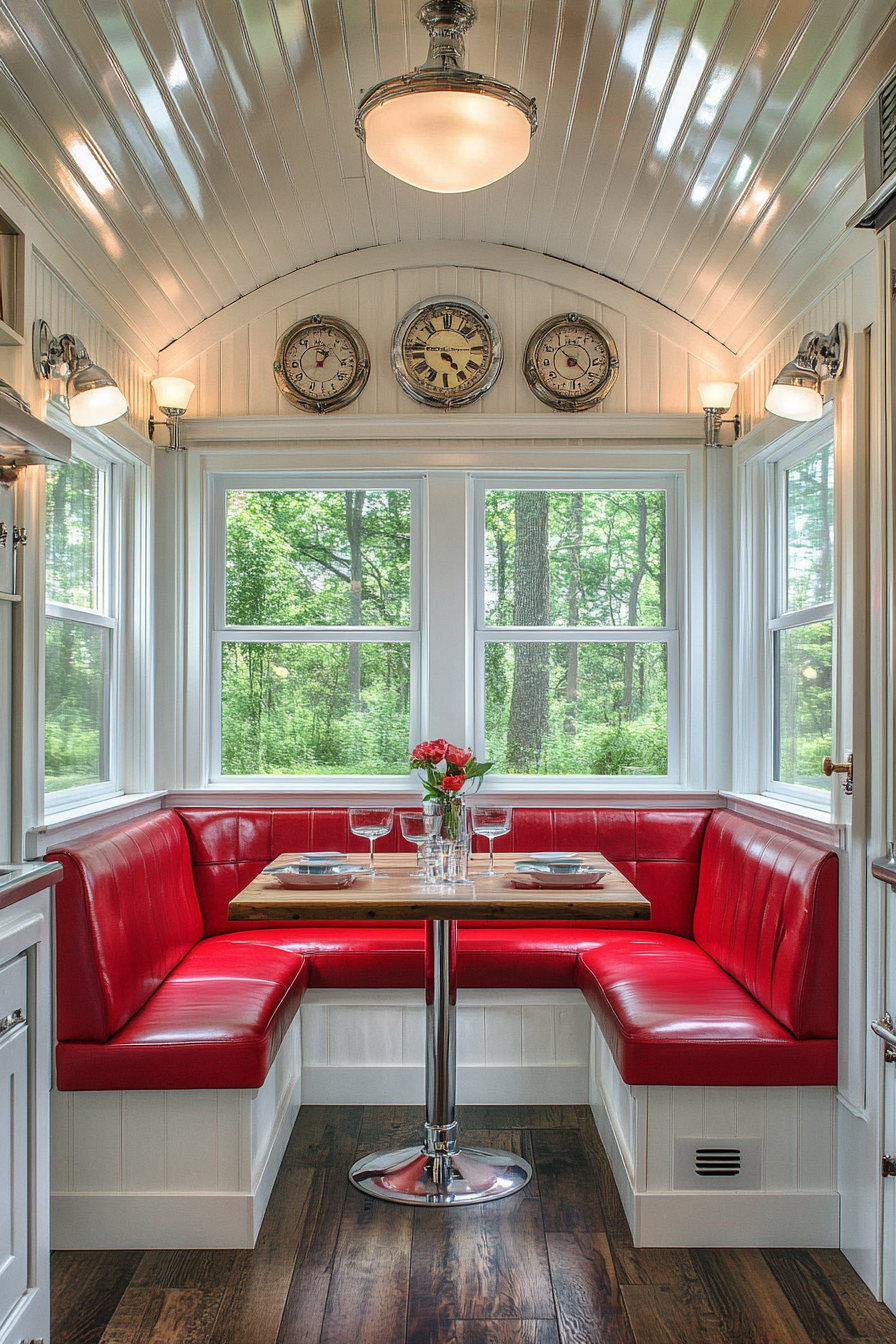 Classic Americana tiny house kitchen. Antique-colored dials with chrome details and red booth seating.