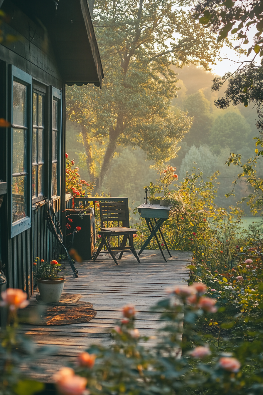 Tiny house deck scene. English rose-filled view with countryside morning mist in wide angle.