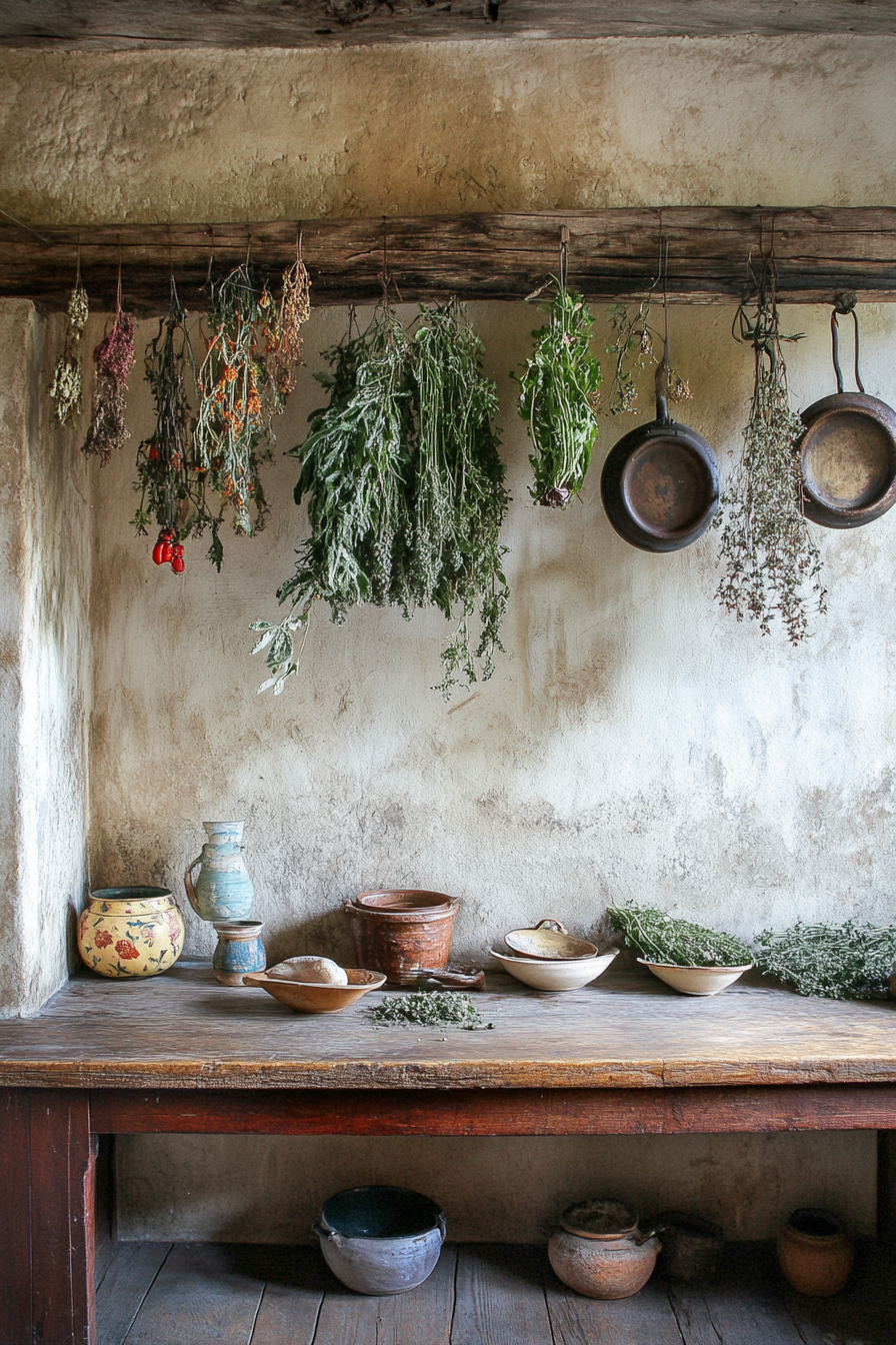 Provincial cooking space. Drying herbs above a rustic wooden countertop, scattered antique ceramics.