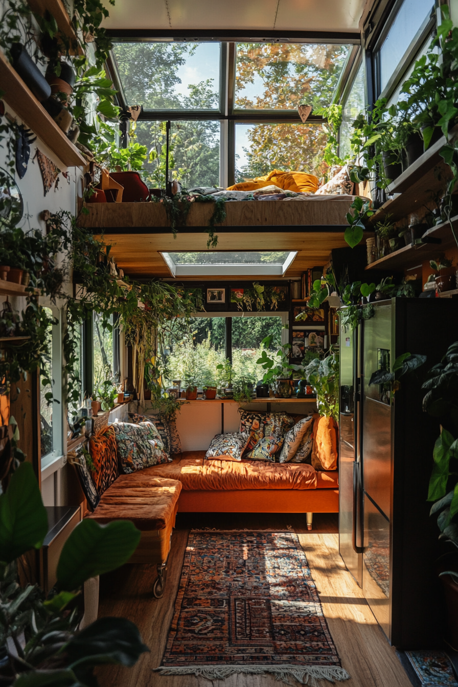 Wide angle view. Tiny house, greenhouse windows, plant-filled, botanical wallpaper.