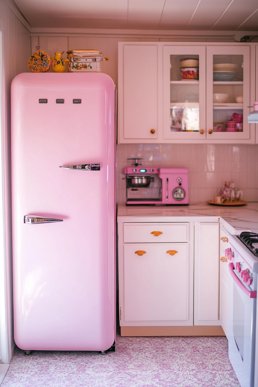 Tiny house kitchen. Retro pink refrigerator, sleek white cabinets, patterned linoleum floor.