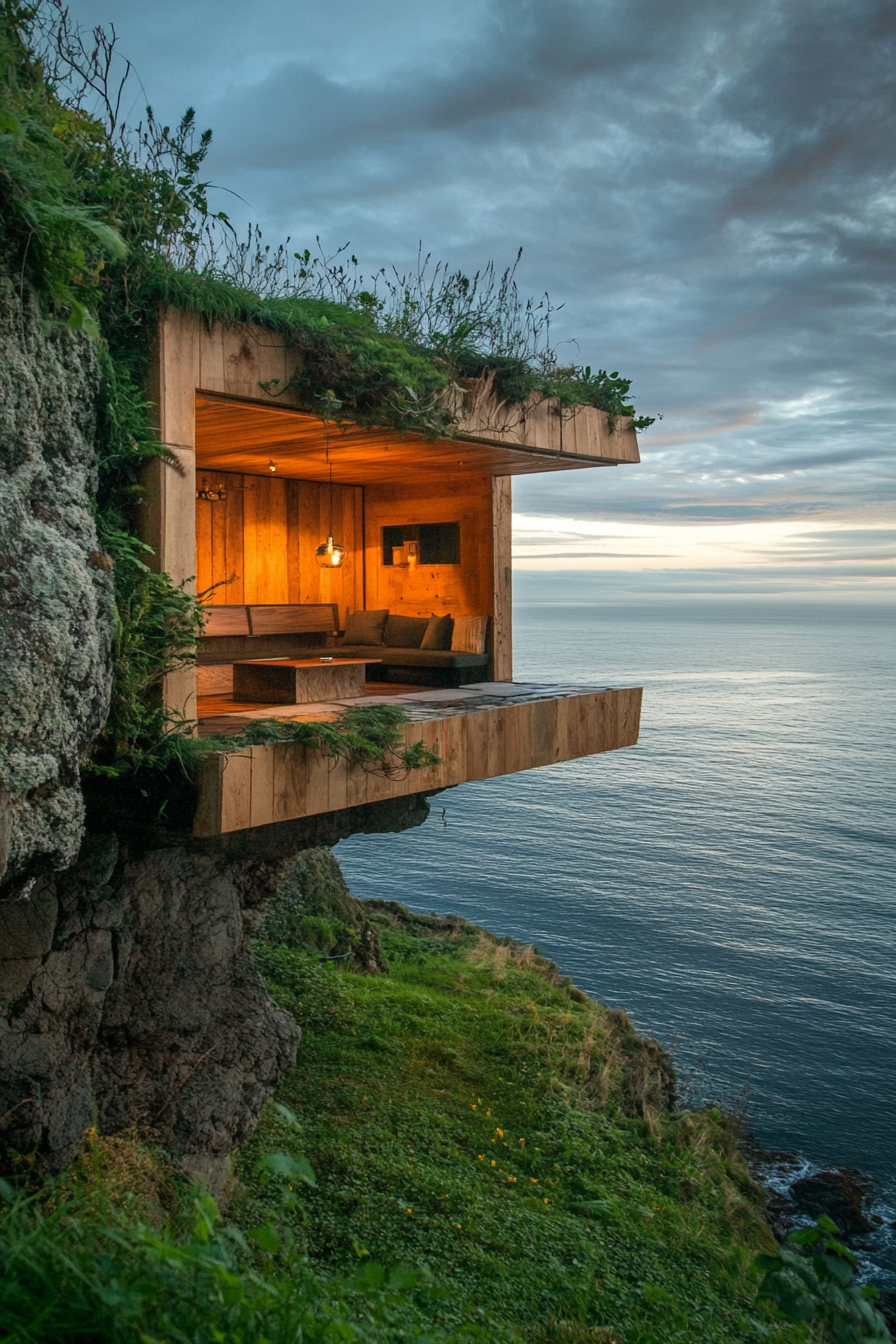 Wide angle view. Tiny home with built-in seating, perched on ocean-viewing clifftop.