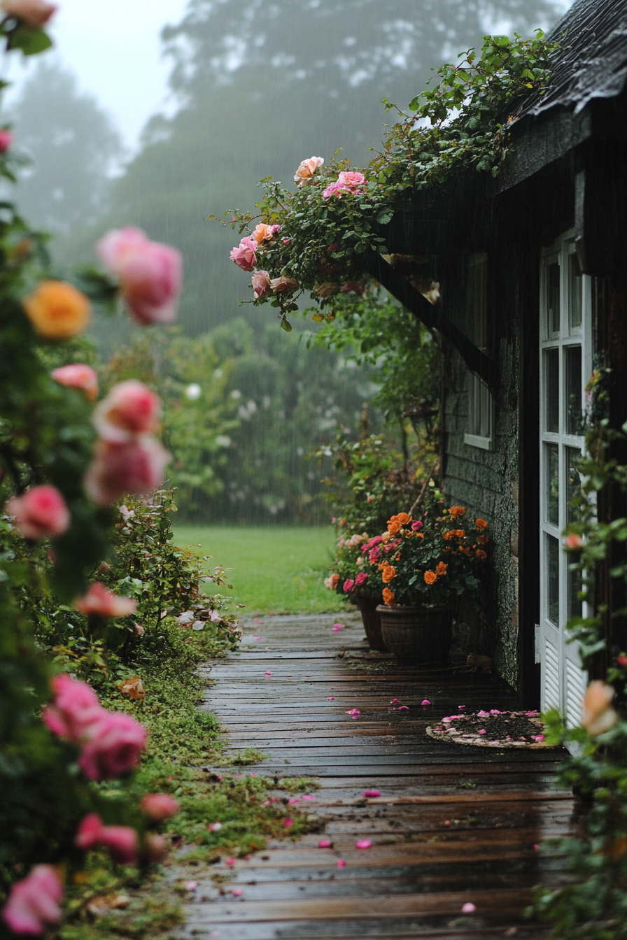 English countryside. Tiny house deck festooned with dewy roses, enveloped by rolling morning fog.