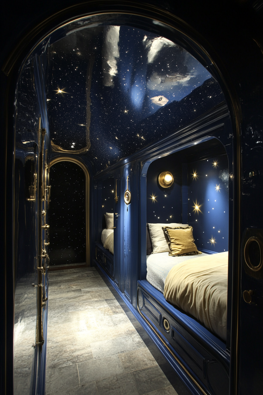 Wide angle view. Space-themed sleeping quarters. Star projections on navy-blue ceiling.