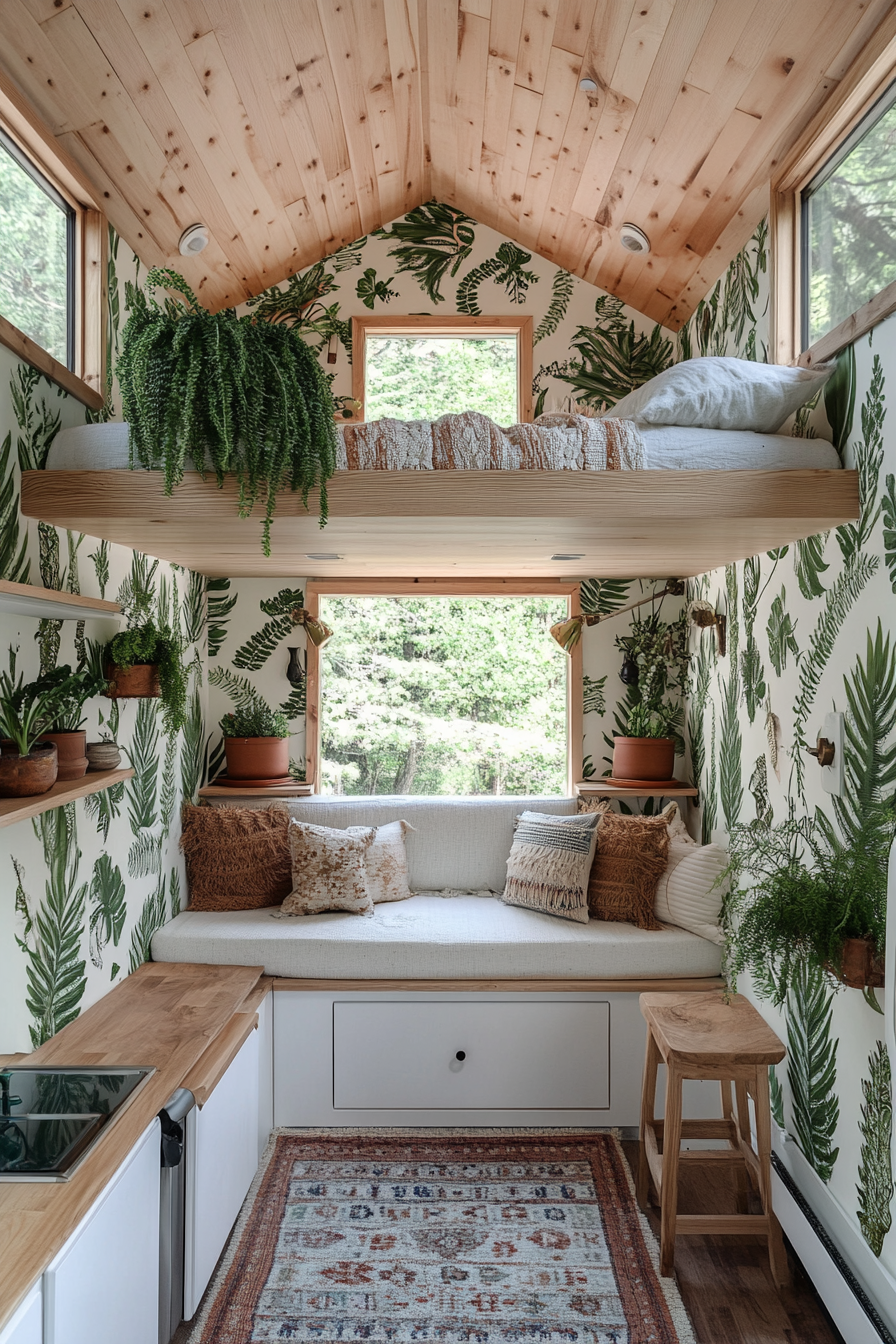 Wide angle view. Tiny house with fern-patterned botanical wallpaper and greenhouse windows showcasing succulents.