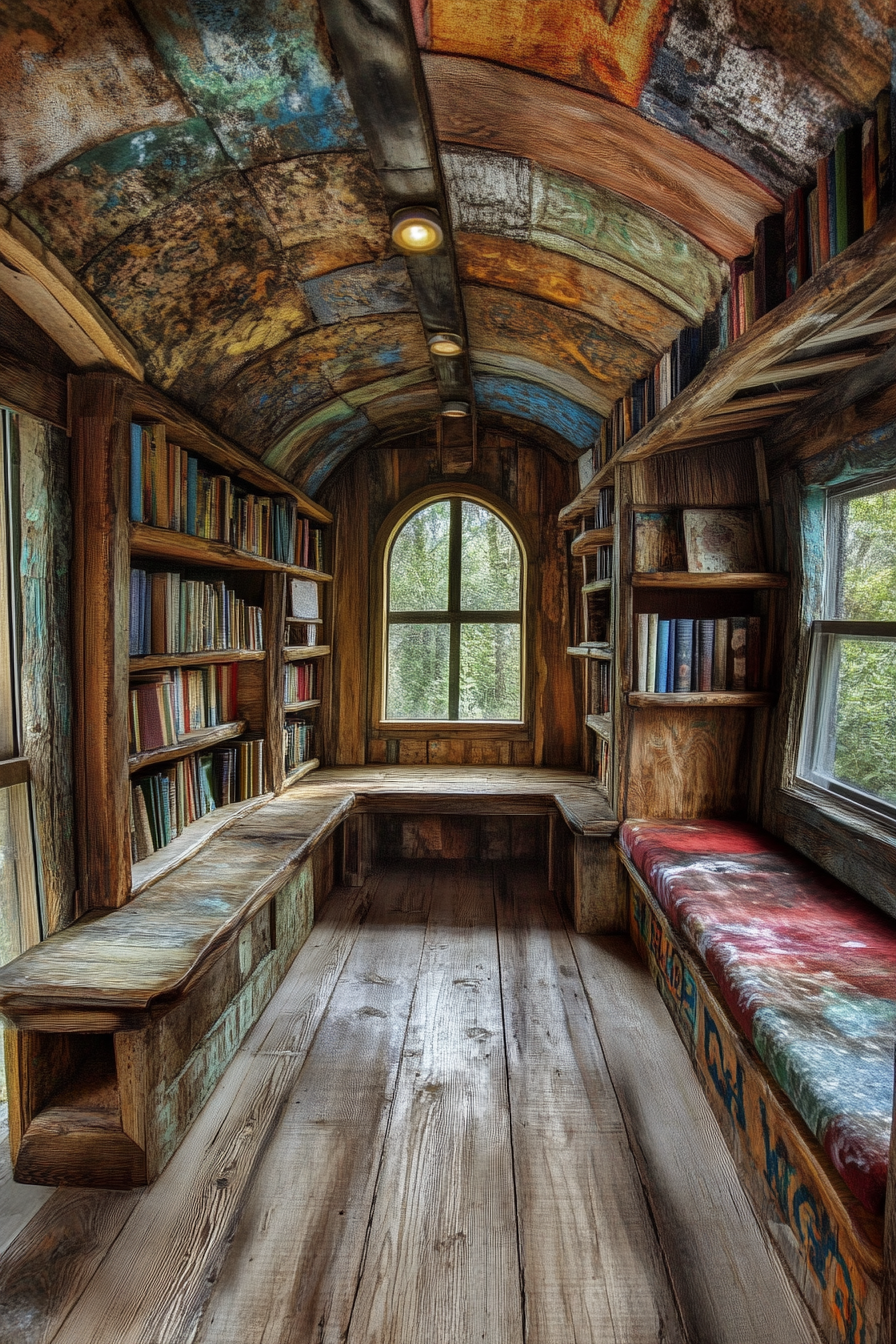 Wide angle view. Rustic mobile library with fairytale graffiti and secretive shelf nooks.