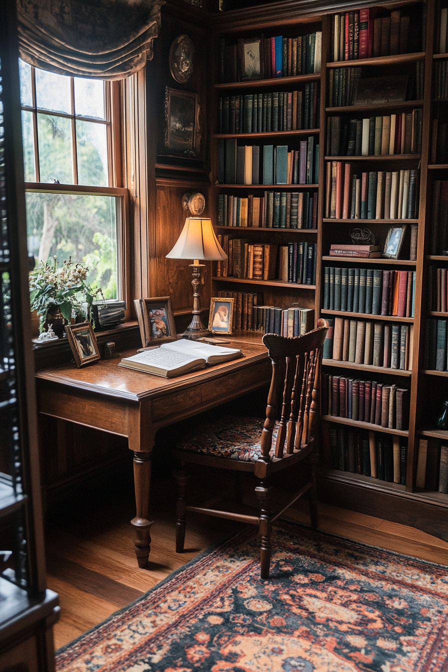 Wide angle view. Dark academia tiny house library. Vintage books and antique desk.