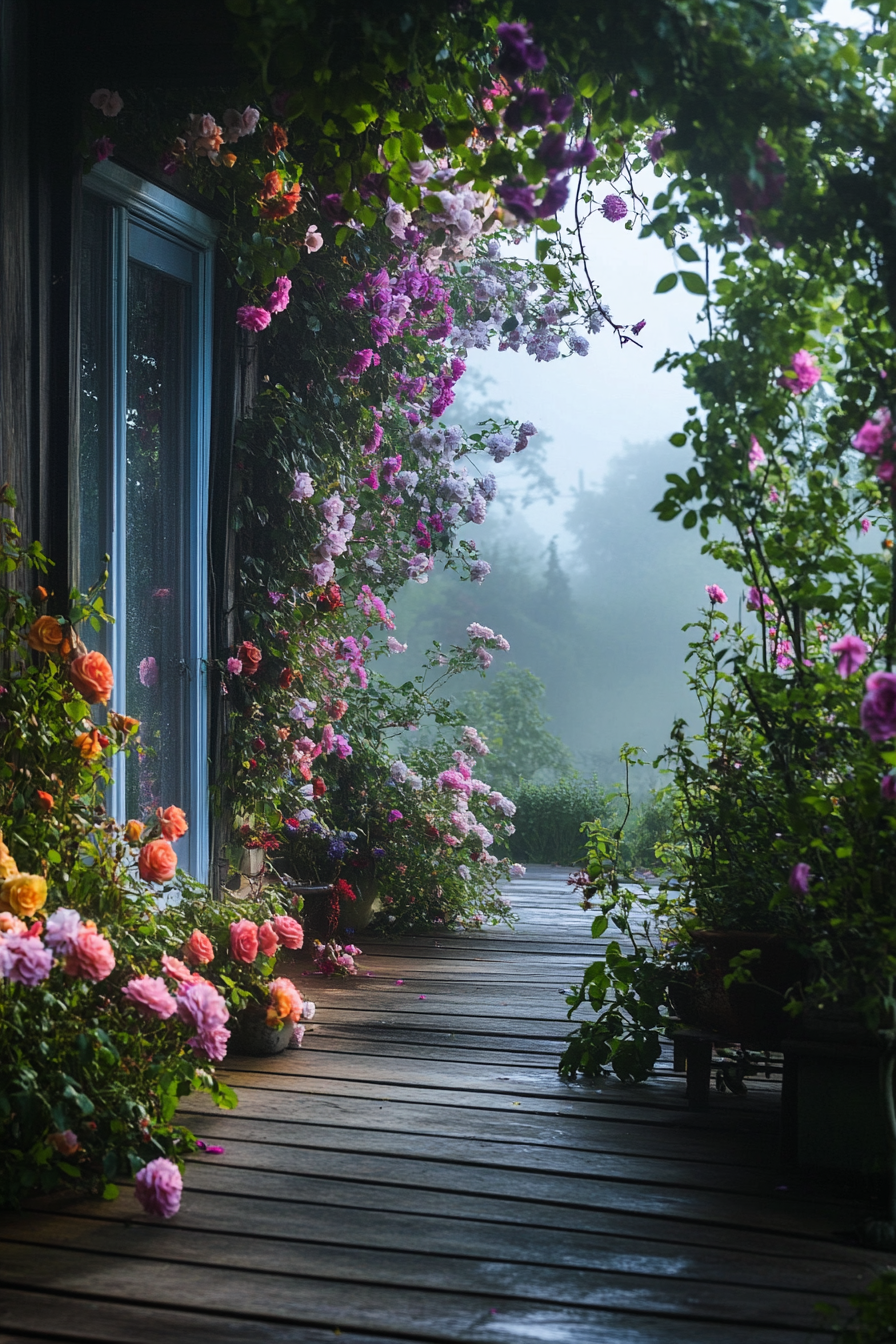 Wide-angle view. Flower-filled deck, morning fog, climbing roses, English countryside.