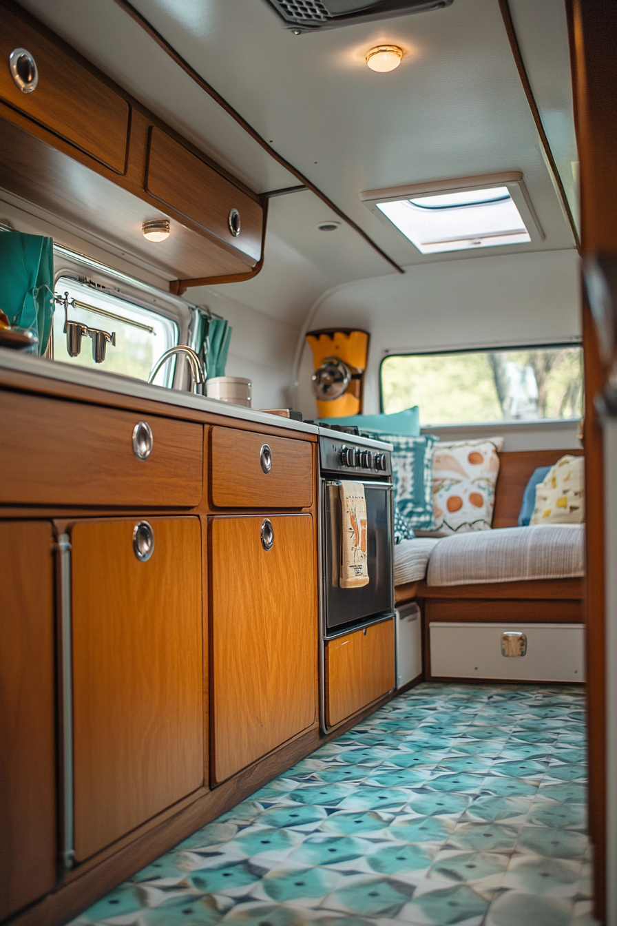 Wide angle view of classic camper kitchen. Teak cabinets, retro-inspired metal knobs.