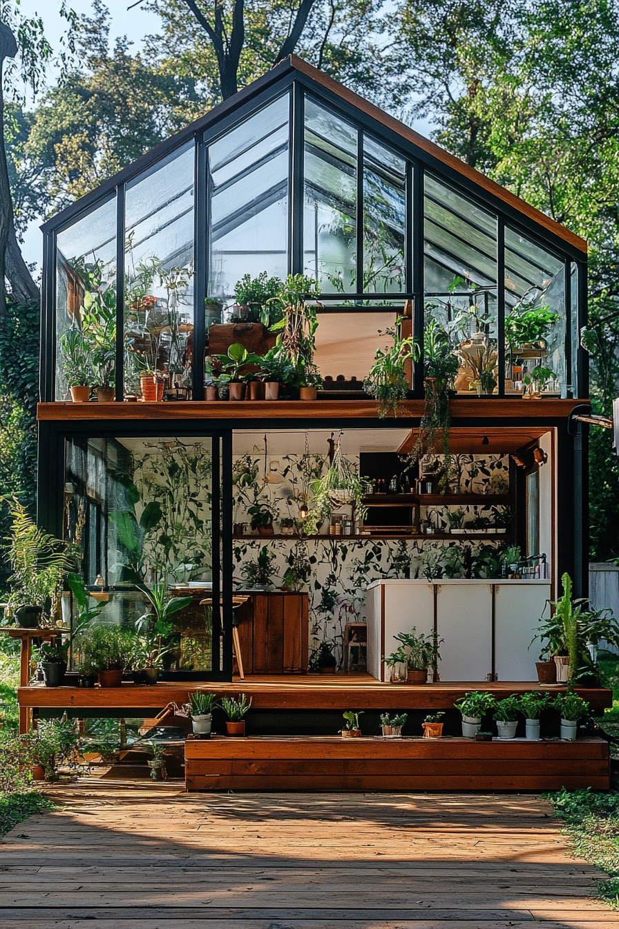 Wide angle view. Tiny house sporting greenhouse windows replete with plants and botanical wallpaper.