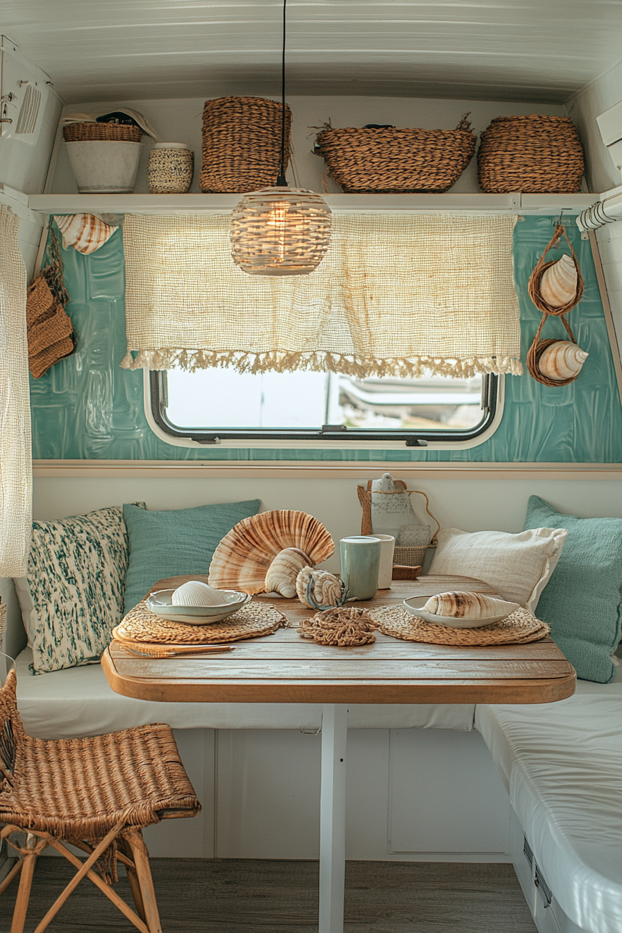 Coastal-inspired RV. Turquoise backslash, rattan furniture, shell-adorned crafts.