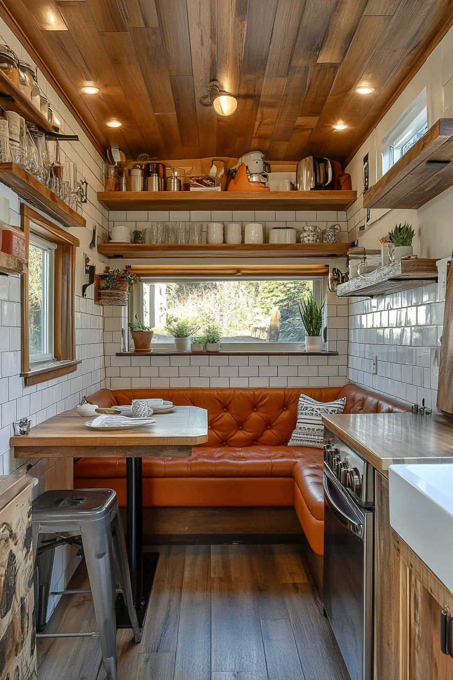 Classic Americana tiny house kitchen. Tiled backsplash, chrome handles, booth seating, open wooden shelves.