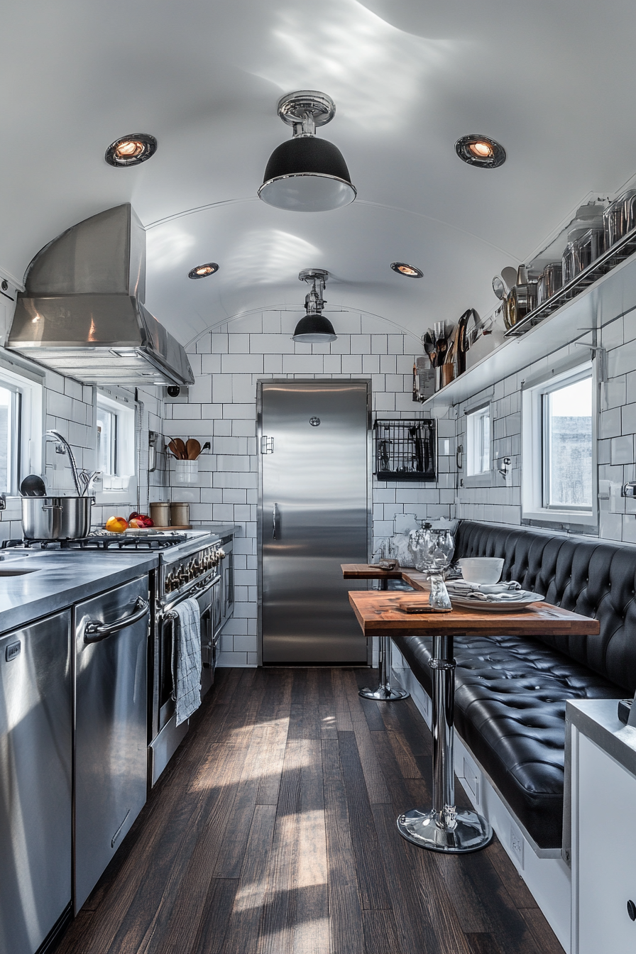 Wide angle view. Americana tiny house kitchen. Chrome details. Booth seating.