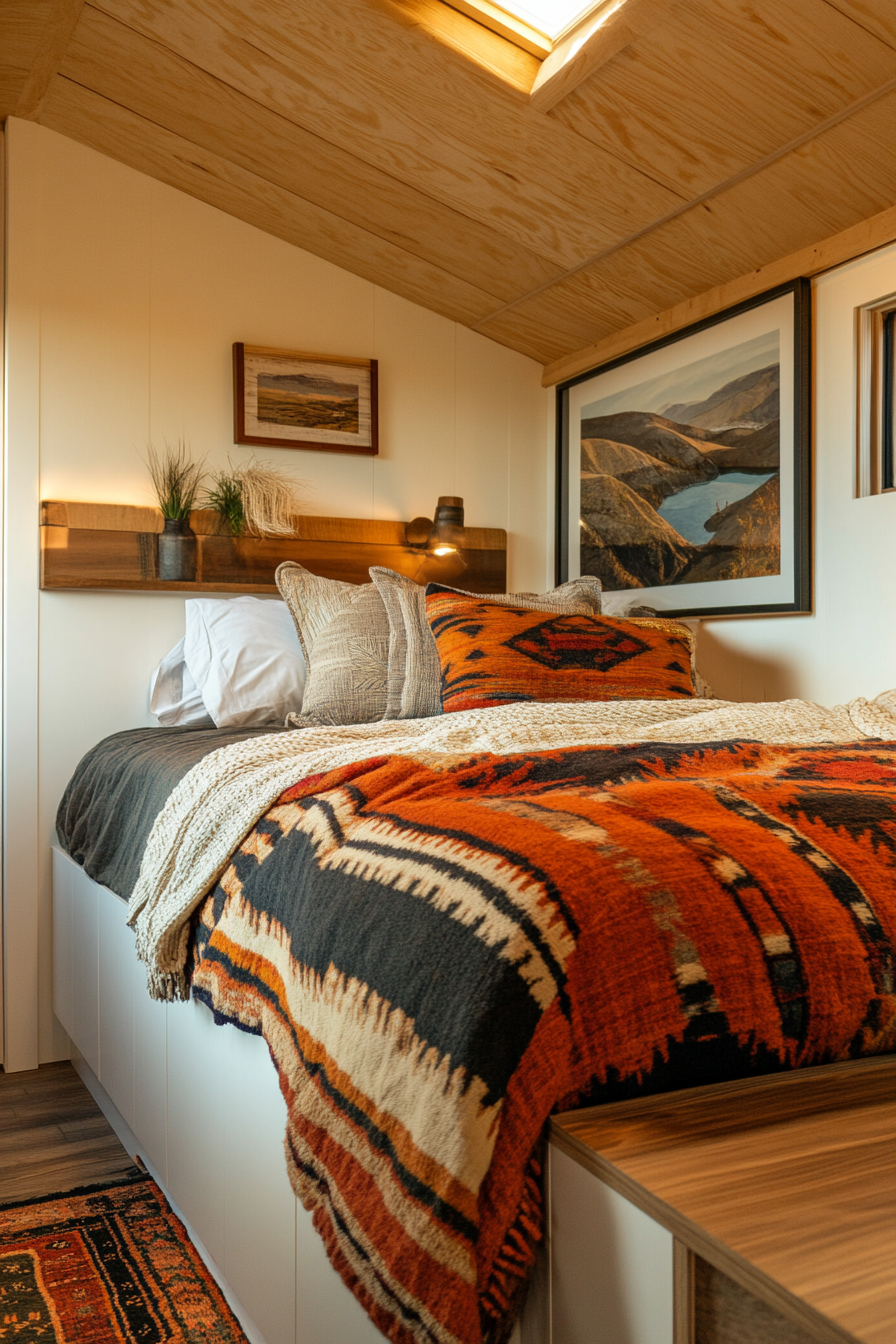 Southwestern tiny house bedroom. Wide-angle shot revealing earth-toned bedding and woven wall art.