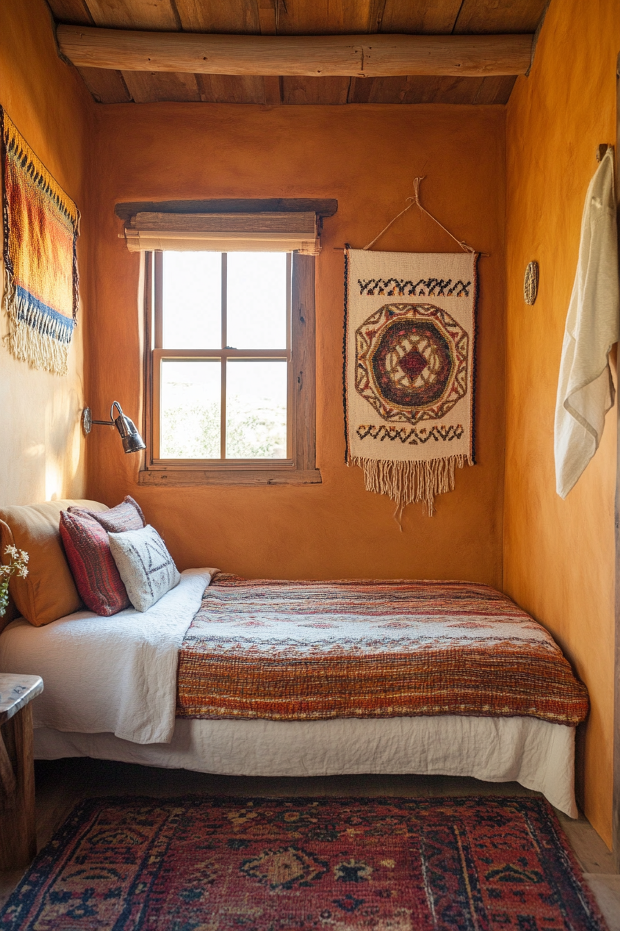 Southwestern tiny house bedroom. clay-coloured walls, desert-chic woven wall art, mahogany-framed wide window.