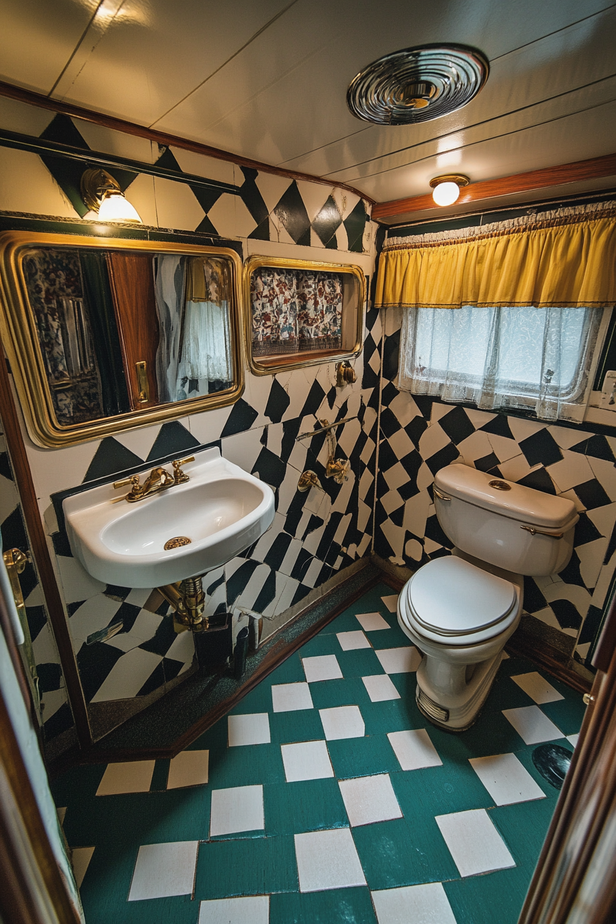 Wide angle view. 1950s RV bathroom, checkered vintage tile, brass fixtures.