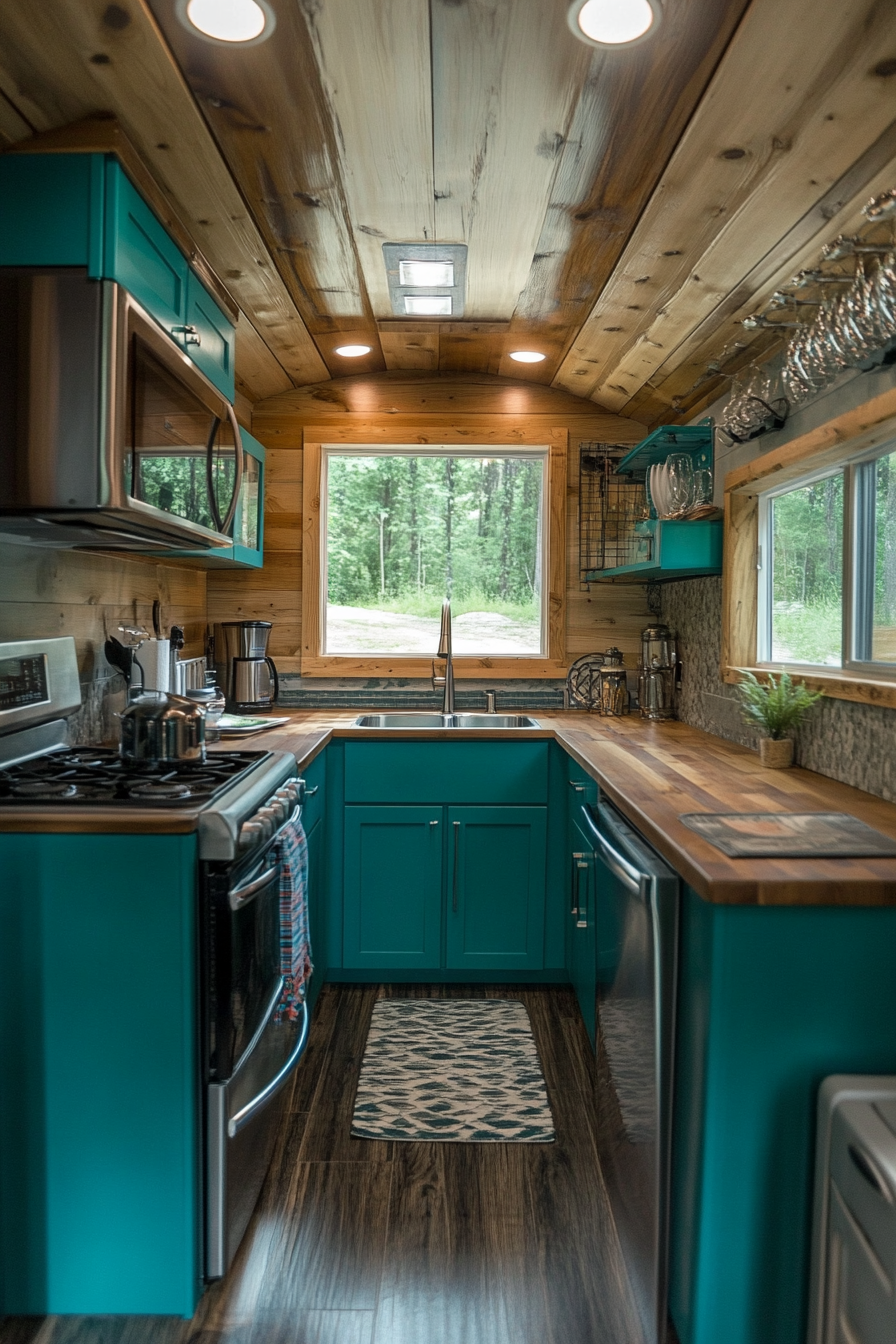 Wide angle view. Retro-inspired tiny house kitchen. Sleek teal cabinets. Chrome vintage appliances.