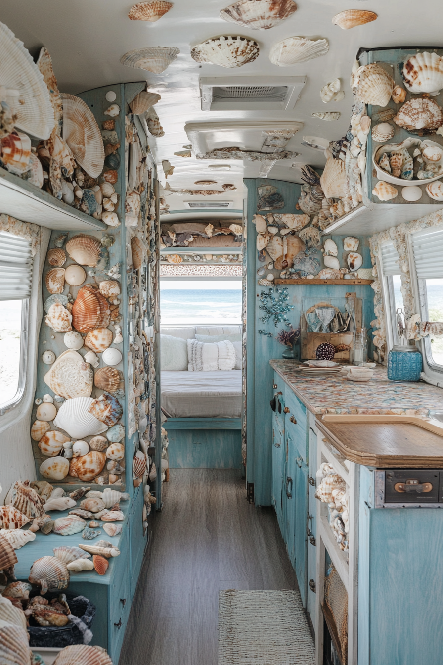 Wide-angle view. Coastal-themed RV incorporating seashell collections and ocean-like blue hues.