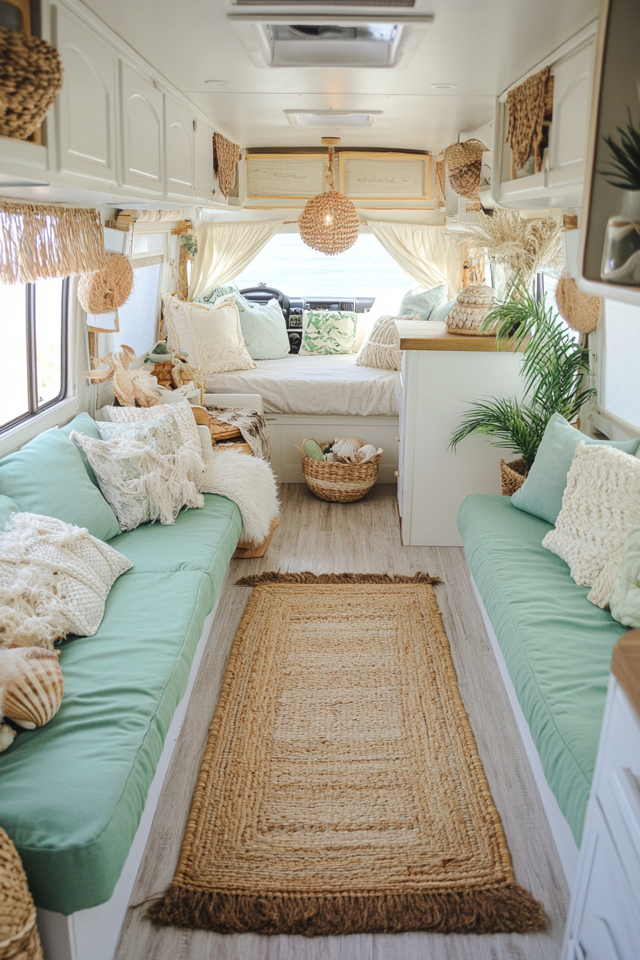 Coastal-inspired RV interior. Wide angle, sea-green cushions, natural fiber rugs, and shell display.