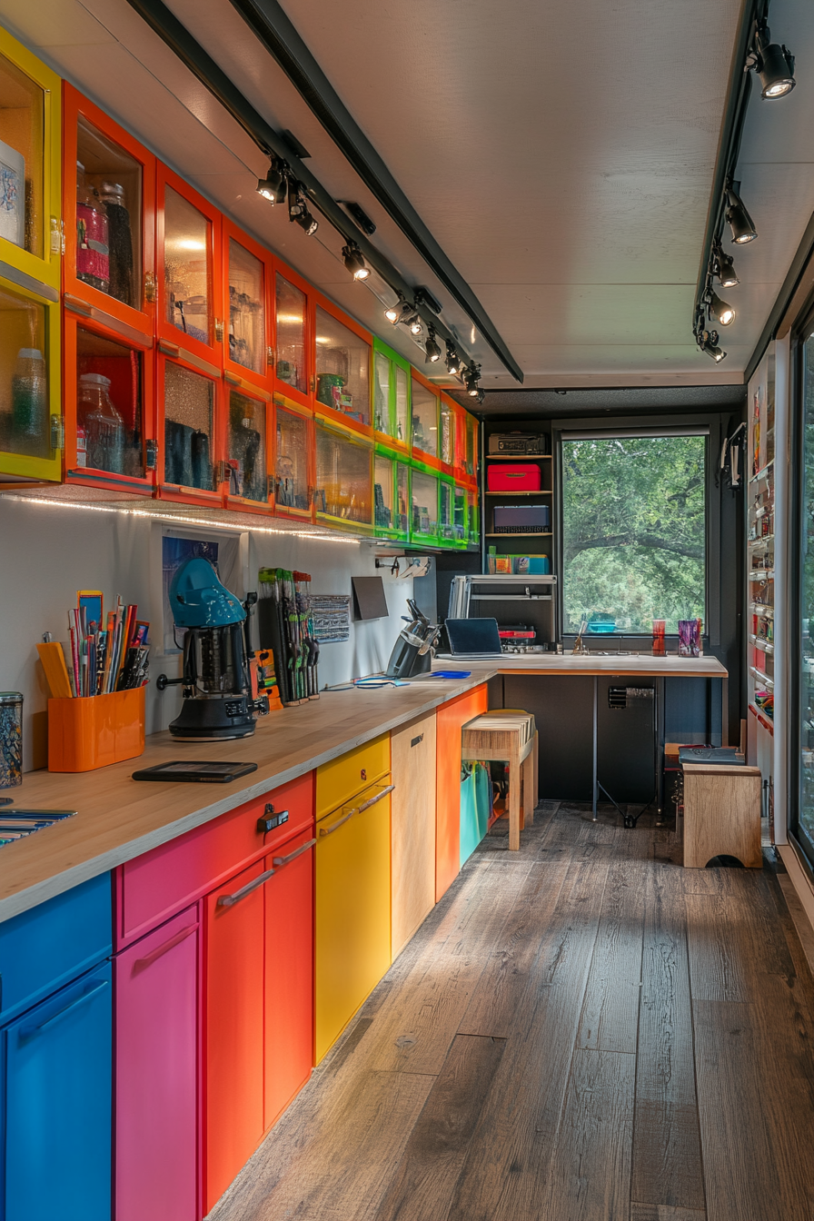 Wide angle view of mobile studio. Rainbow-colored cabinets with open glass shelves.