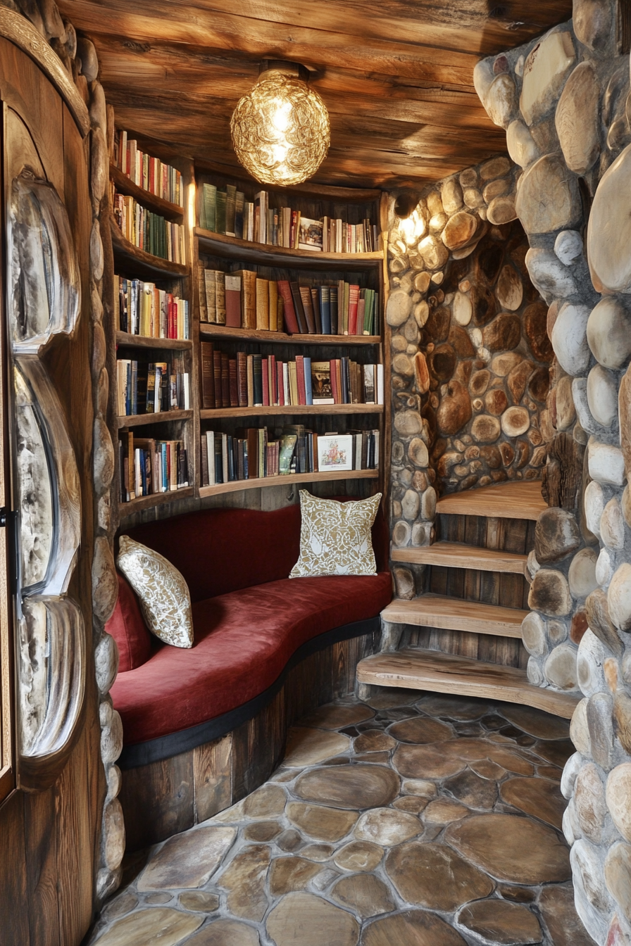 Wide angle view. Storybook-inspired mobile library, cobblestone textures, natural wood tones, velvet reading nooks.