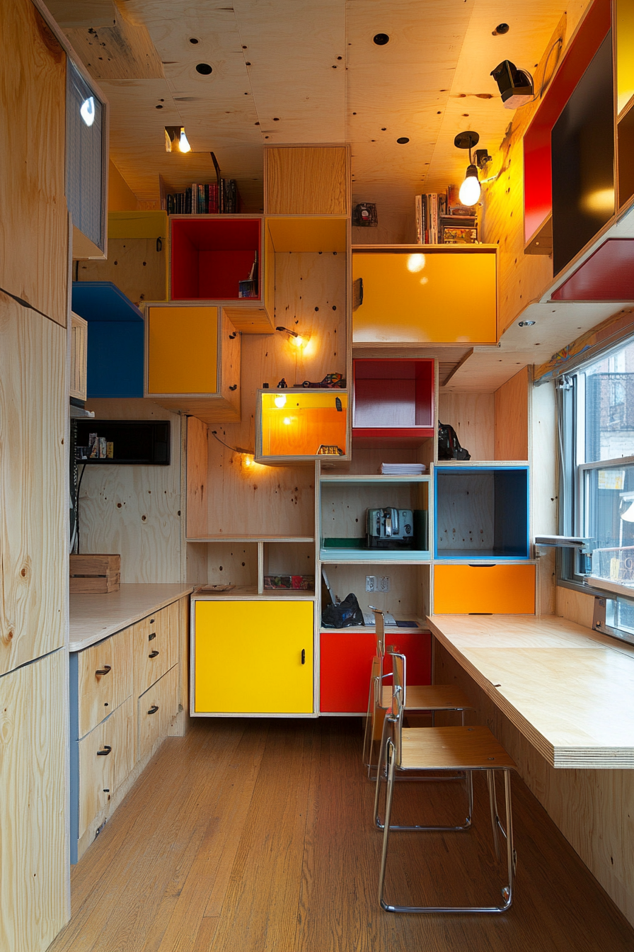 Wide angle view. Creative mobile studio with multi-colored, wall-mounted modular cube storage.