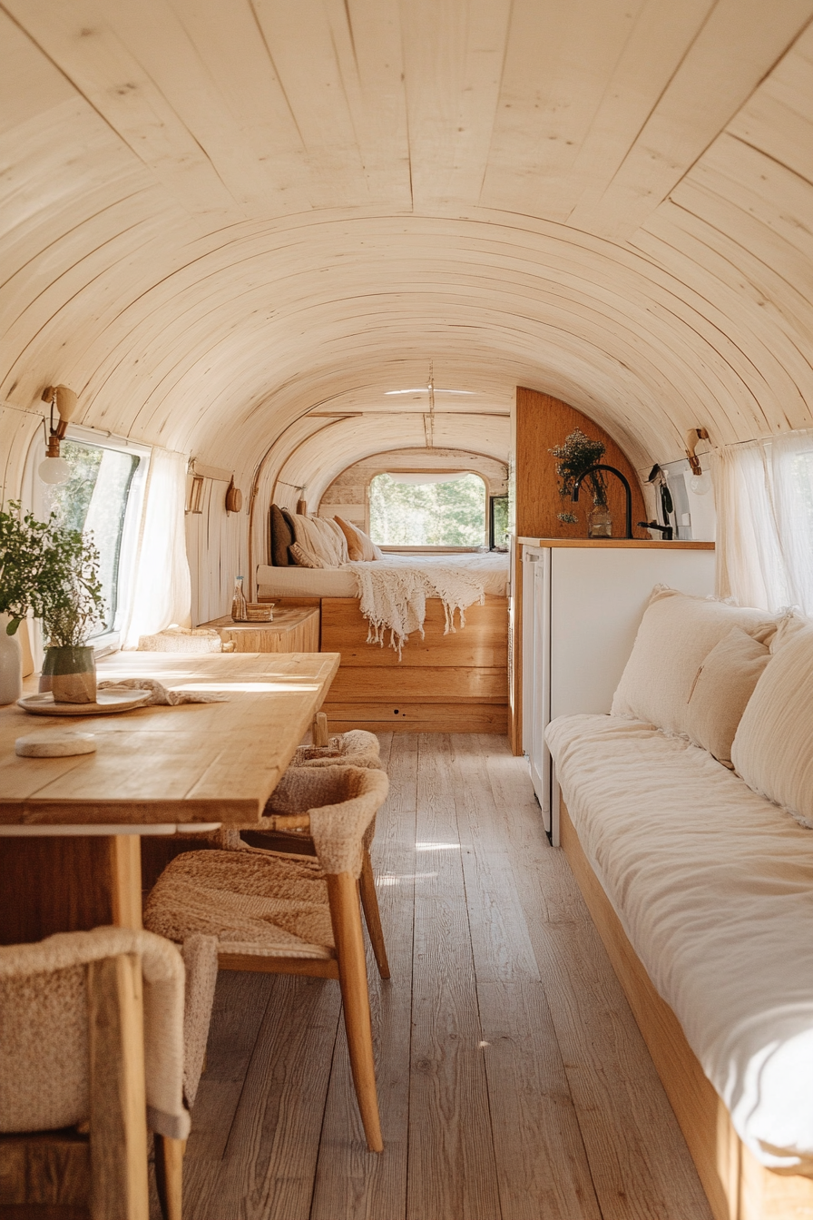 Natural mobile home view. Light woods dining area with organic textiles. Wide angle.