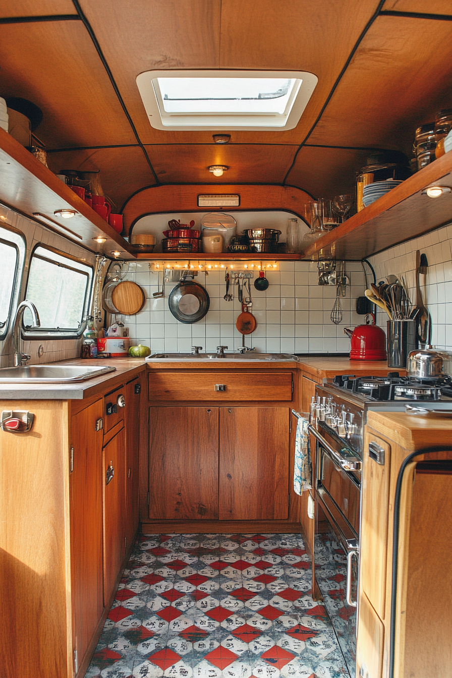 Wide angle view. Teak cabinets, retro hardware, classic camper kitchen.