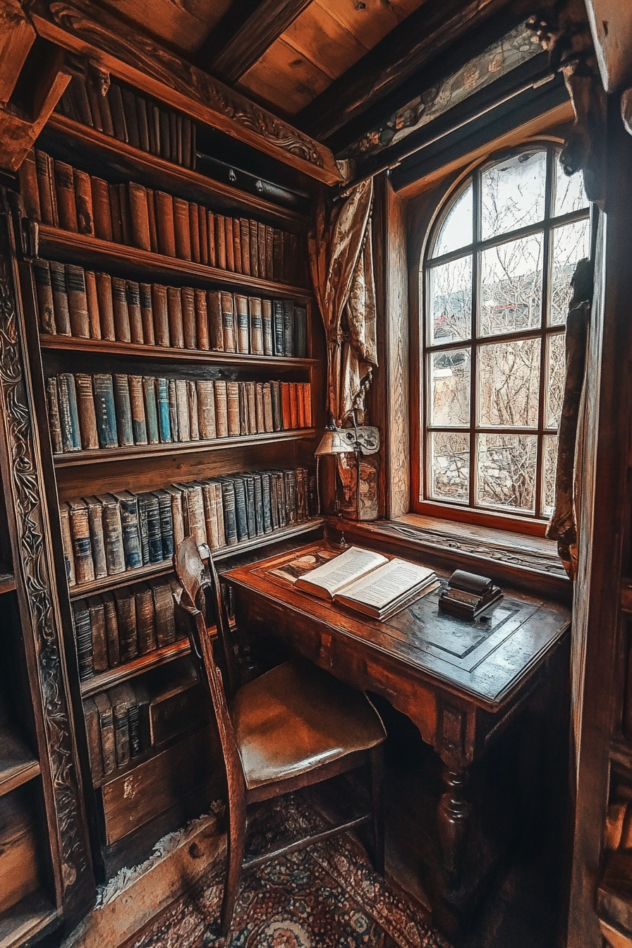 Wide angle view. Dark academia tiny house library, vintage books, ornate wooden desk.