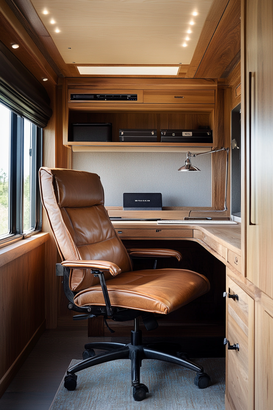 Wide angle view. Leather armchair facing a walnut desk in a mobile workspace.